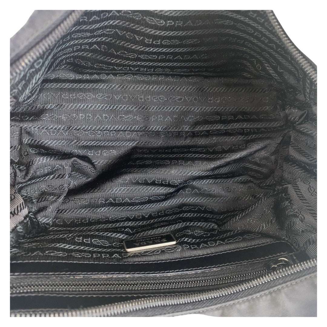 PRADA Shoulder Bag Nylon, Leather Black SilverMetal Test Logo embossed Women Used Authentic