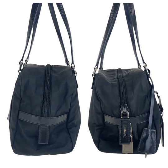PRADA Shoulder Bag Nylon, Leather Black SilverMetal Test Logo embossed Women Used Authentic