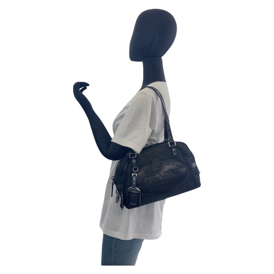 PRADA Shoulder Bag Nylon, Leather Black SilverMetal Test Logo embossed Women Used Authentic