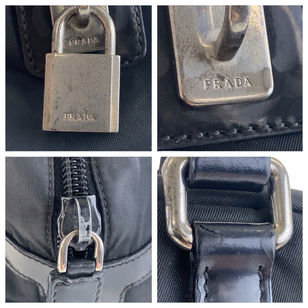 PRADA Shoulder Bag Nylon, Leather Black SilverMetal Test Logo embossed Women Used Authentic