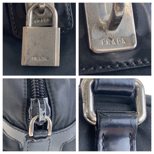 PRADA Shoulder Bag Nylon, Leather Black SilverMetal Test Logo embossed Women Used Authentic