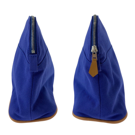 HERMES Pouch cotton Blue Brown SilverMetal Pouch Cosmetics Pouch Bored Women Used Authentic