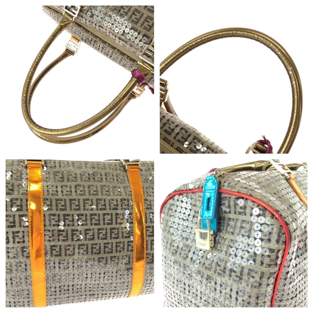 FENDI Boston Duffel bag 2370 8BL099 XBH 079 canvas Beige Multicolor Gold Metal Boston Duffel bag Handbag Zucchino Sequins Overnight Women Used Authentic