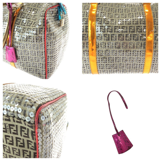FENDI Boston Duffel bag 2370 8BL099 XBH 079 canvas Beige Multicolor Gold Metal Boston Duffel bag Handbag Zucchino Sequins Overnight Women Used Authentic