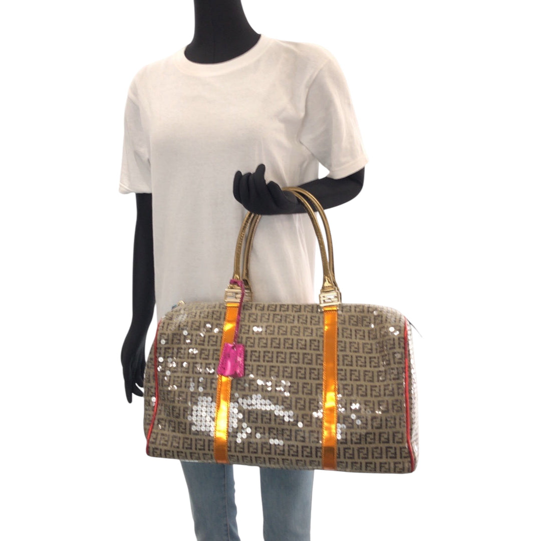FENDI Boston Duffel bag 2370 8BL099 XBH 079 canvas Beige Multicolor Gold Metal Boston Duffel bag Handbag Zucchino Sequins Overnight Women Used Authentic