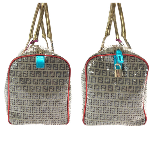 FENDI Boston Duffel bag 2370 8BL099 XBH 079 canvas Beige Multicolor Gold Metal Boston Duffel bag Handbag Zucchino Sequins Overnight Women Used Authentic