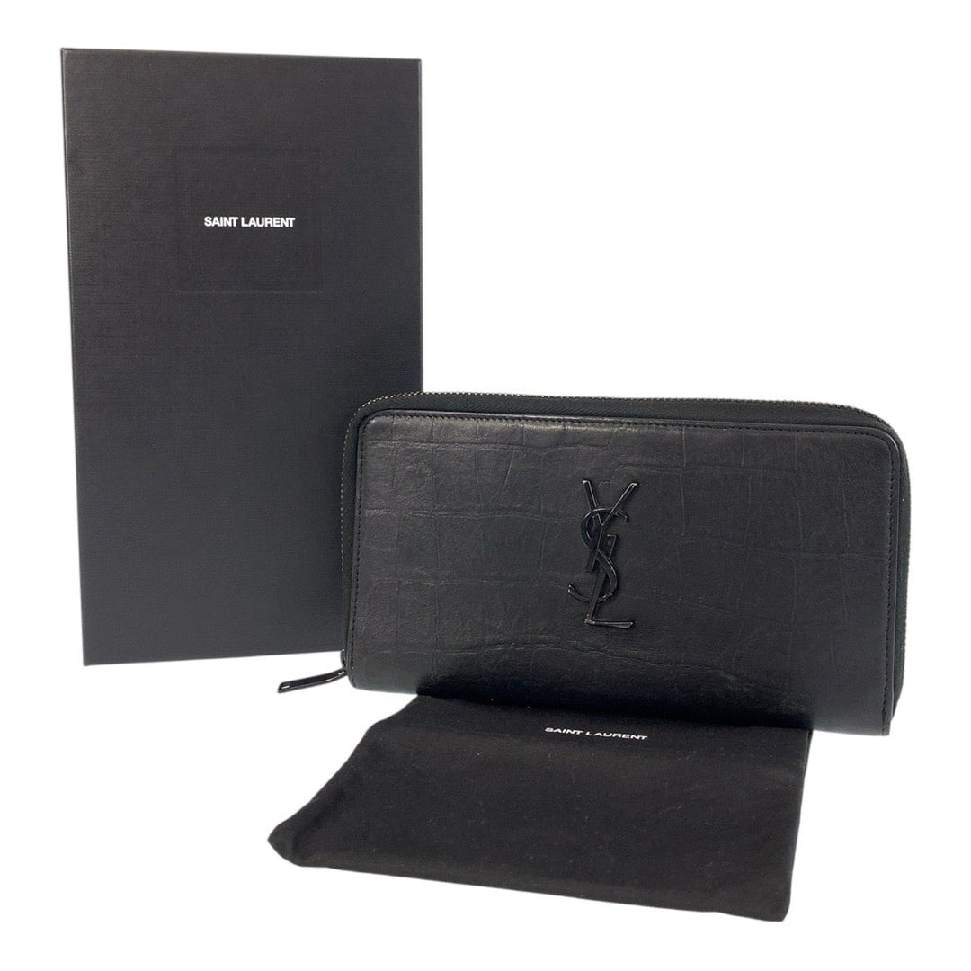 SAINT LAURENT PARIS Long Wallet Purse leather Black black Long Wallet Purse YSL Embossing mens Used Authentic