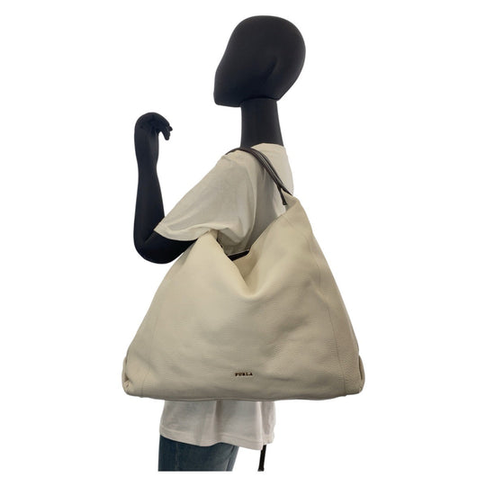 Furla Shoulder Bag leather White Brown Gold Metal Liz Women Used Authentic