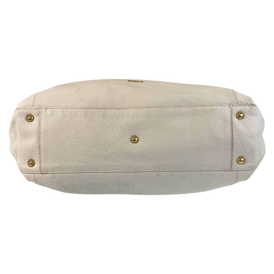 Furla Shoulder Bag leather White Brown Gold Metal Liz Women Used Authentic