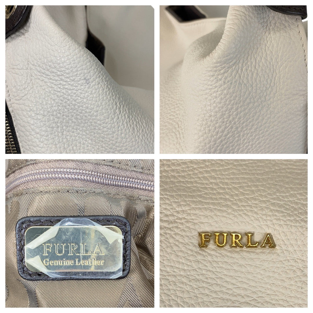 Furla Shoulder Bag leather White Brown Gold Metal Liz Women Used Authentic