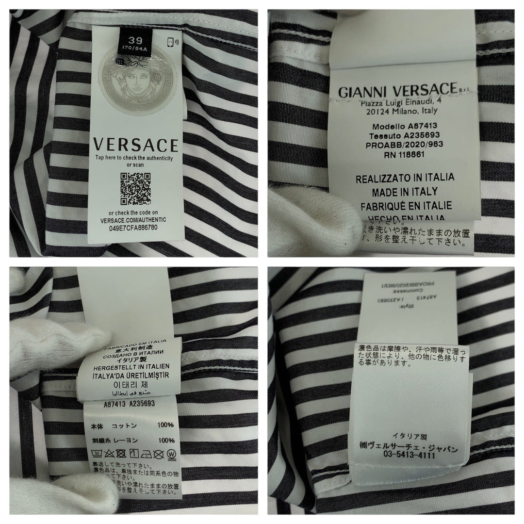 VERSACE Long sleeve shirt A87413 cotton Gray white Long-sleeved shirt striped shirt Medusa mens 39 Used Authentic