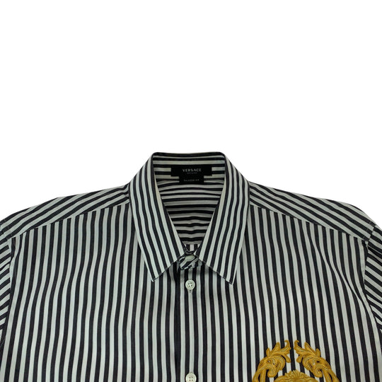 VERSACE Long sleeve shirt A87413 cotton Gray white Long-sleeved shirt striped shirt Medusa mens 39 Used Authentic