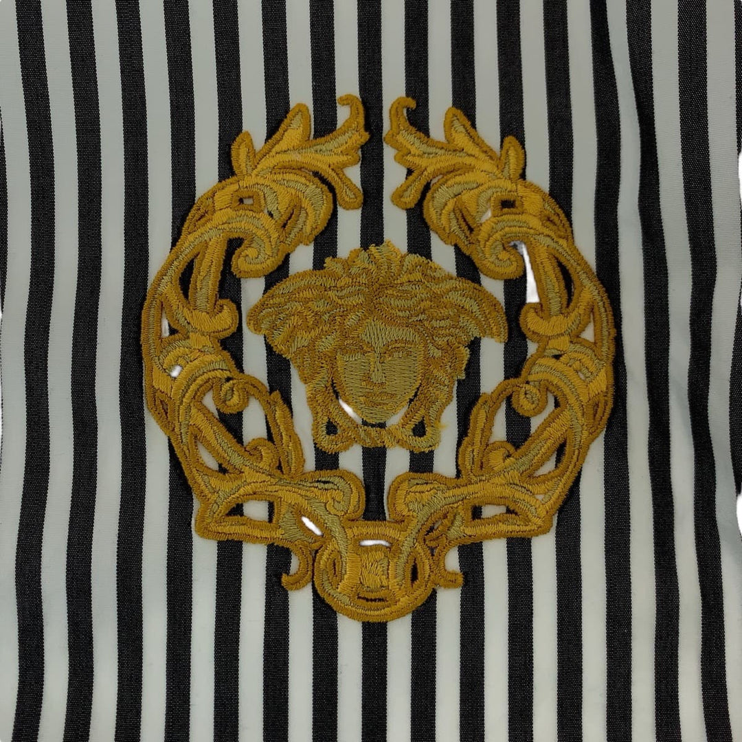VERSACE Long sleeve shirt A87413 cotton Gray white Long-sleeved shirt striped shirt Medusa mens 39 Used Authentic