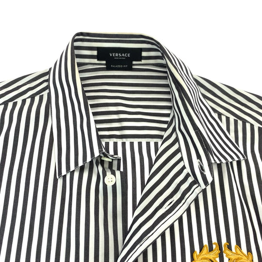 VERSACE Long sleeve shirt A87413 cotton Gray white Long-sleeved shirt striped shirt Medusa mens 39 Used Authentic