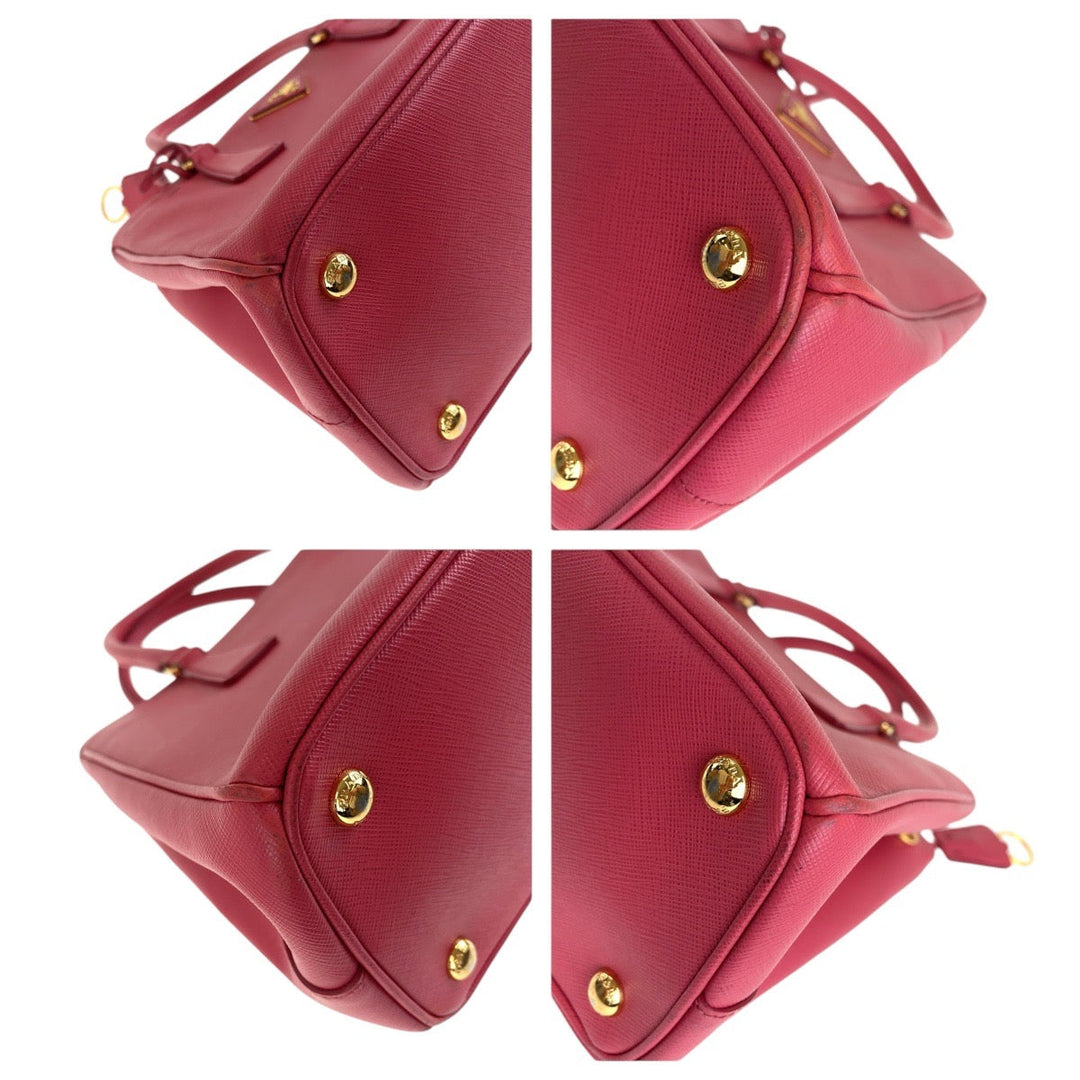 PRADA Tote Bag leather Pink Gold Metal Tote Bag Shoulder Bag 2way Safiano Galleria TriangleWith logo Women Used Authentic