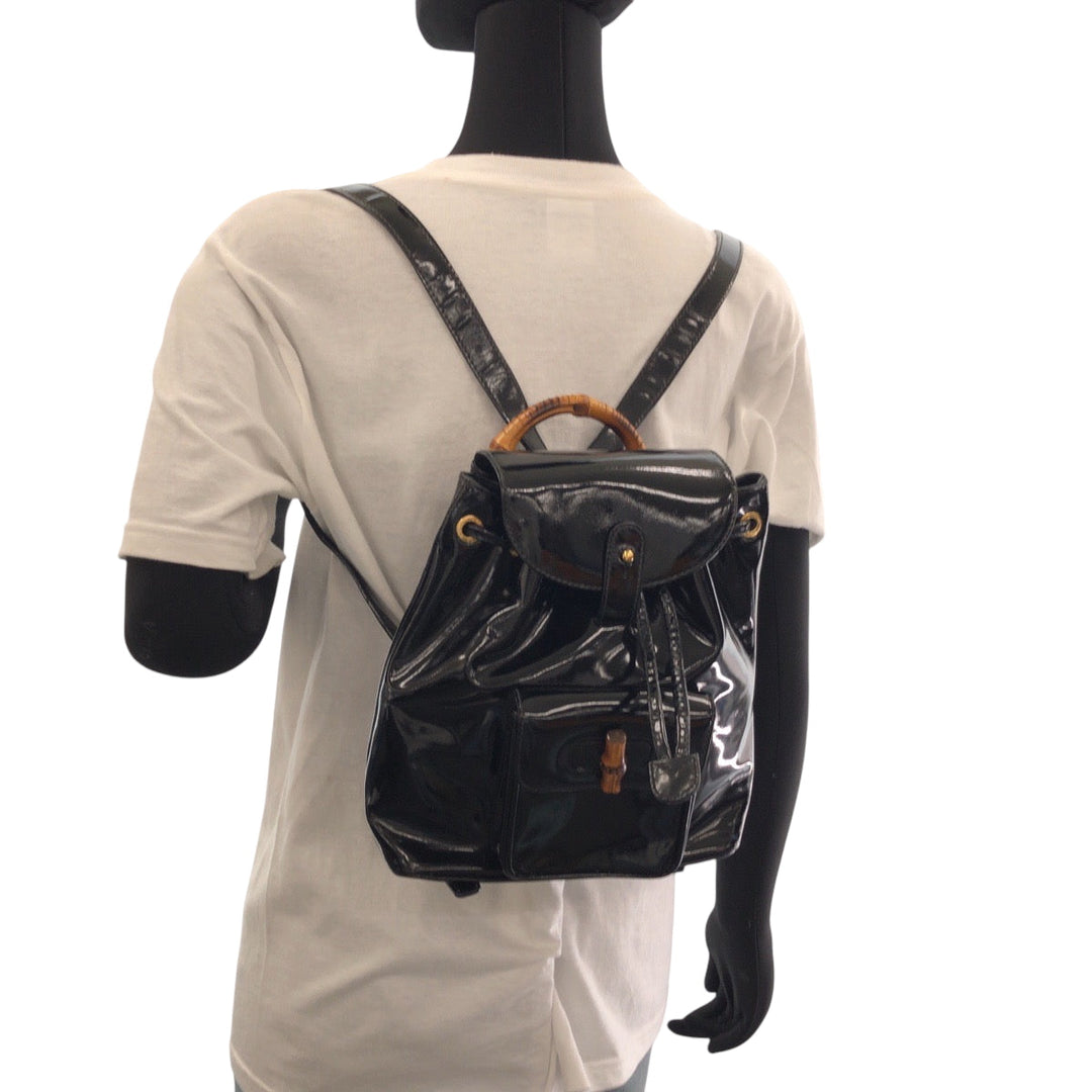 GUCCI Backpack 003 2850 0030 Patent leather Black GoldMetal Backpack Backpack Bamboo Women Used Authentic