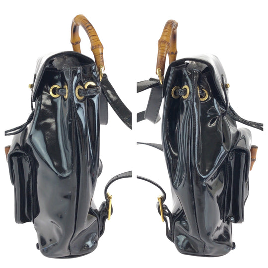 GUCCI Backpack 003 2850 0030 Patent leather Black GoldMetal Backpack Backpack Bamboo Women Used Authentic
