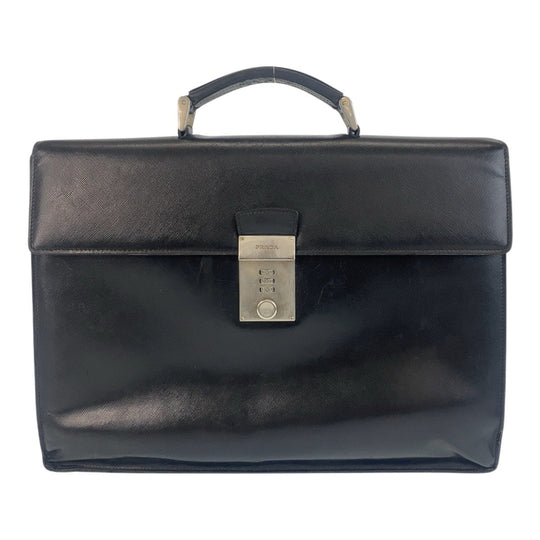 PRADA Business bag leather Black SilverMetal Business bag briefcase Safiano mens Used Authentic