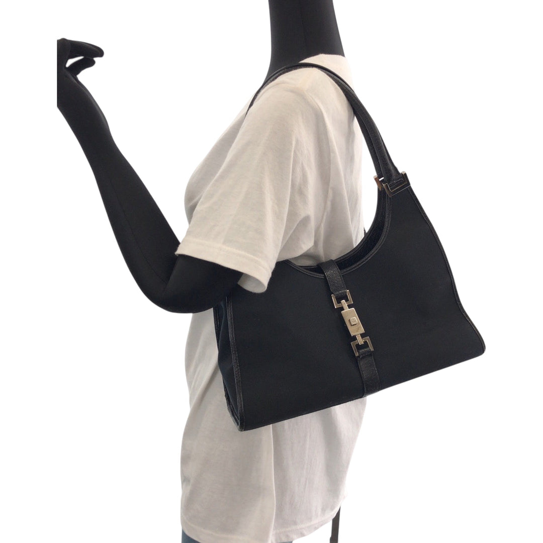 GUCCI Shoulder Bag 002 1067 GG canvas Black SilverMetal Hobo One Shoulder Bag Jackie Women Used Authentic