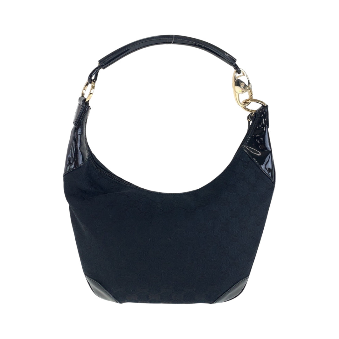GUCCI Shoulder Bag 001 4158 GG canvas, enamel Black GoldMetal Hobo One Shoulder Bag Women Used Authentic