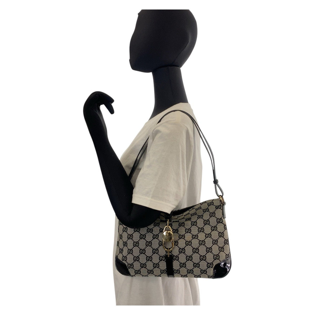 GUCCI Shoulder Bag 14147 GG canvas, enamel Black GoldMetal Women Used Authentic