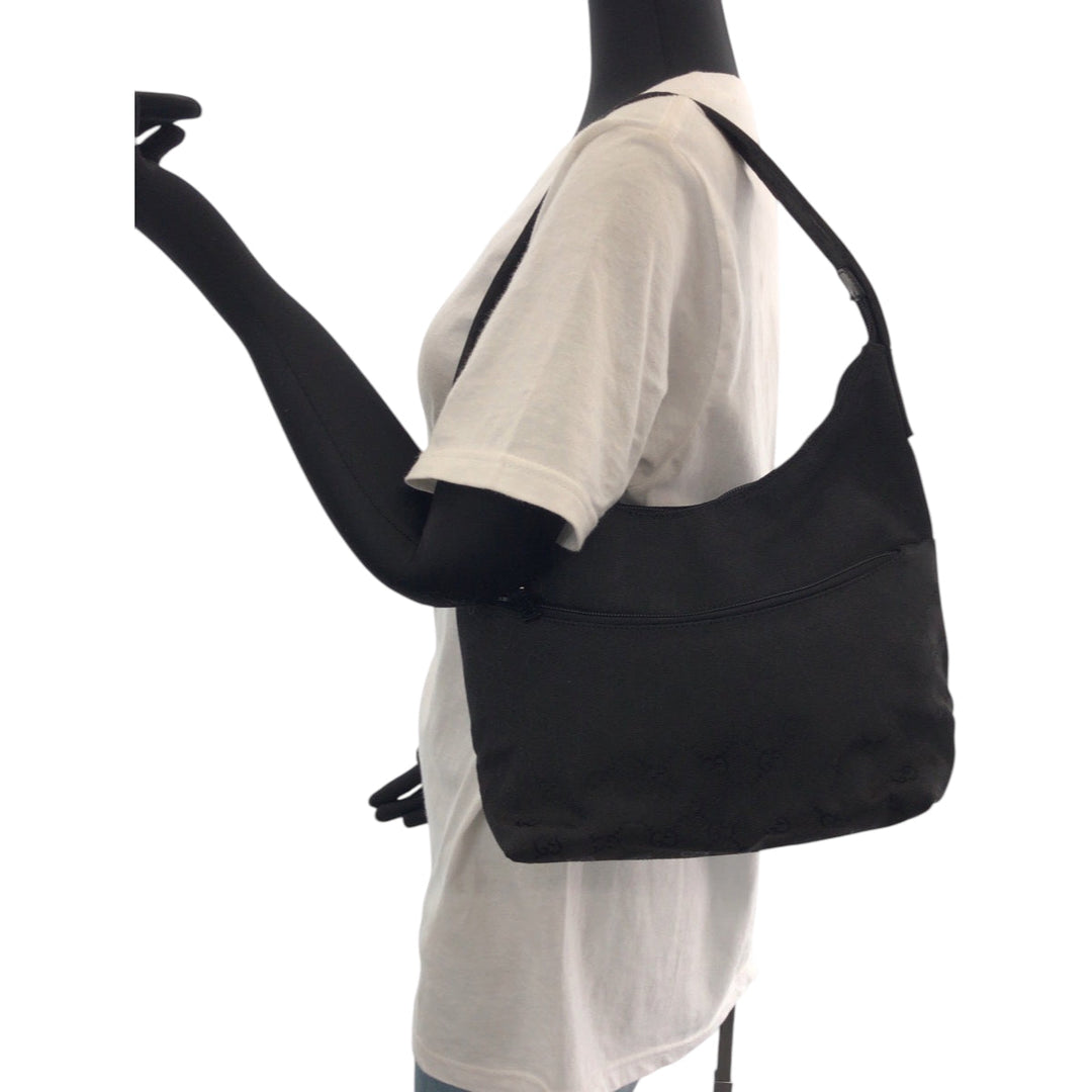 GUCCI Shoulder Bag 001 3386 GG canvas Black SilverMetal Hobo One Shoulder Bag Women Used Authentic
