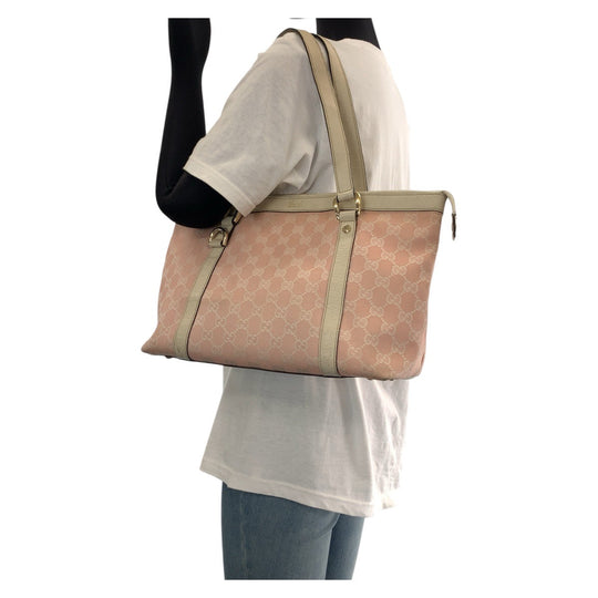 GUCCI Tote Bag 141470 GG canvas, leather Pink White Gold Metal Tote Bag Shoulder Bag Women Used Authentic