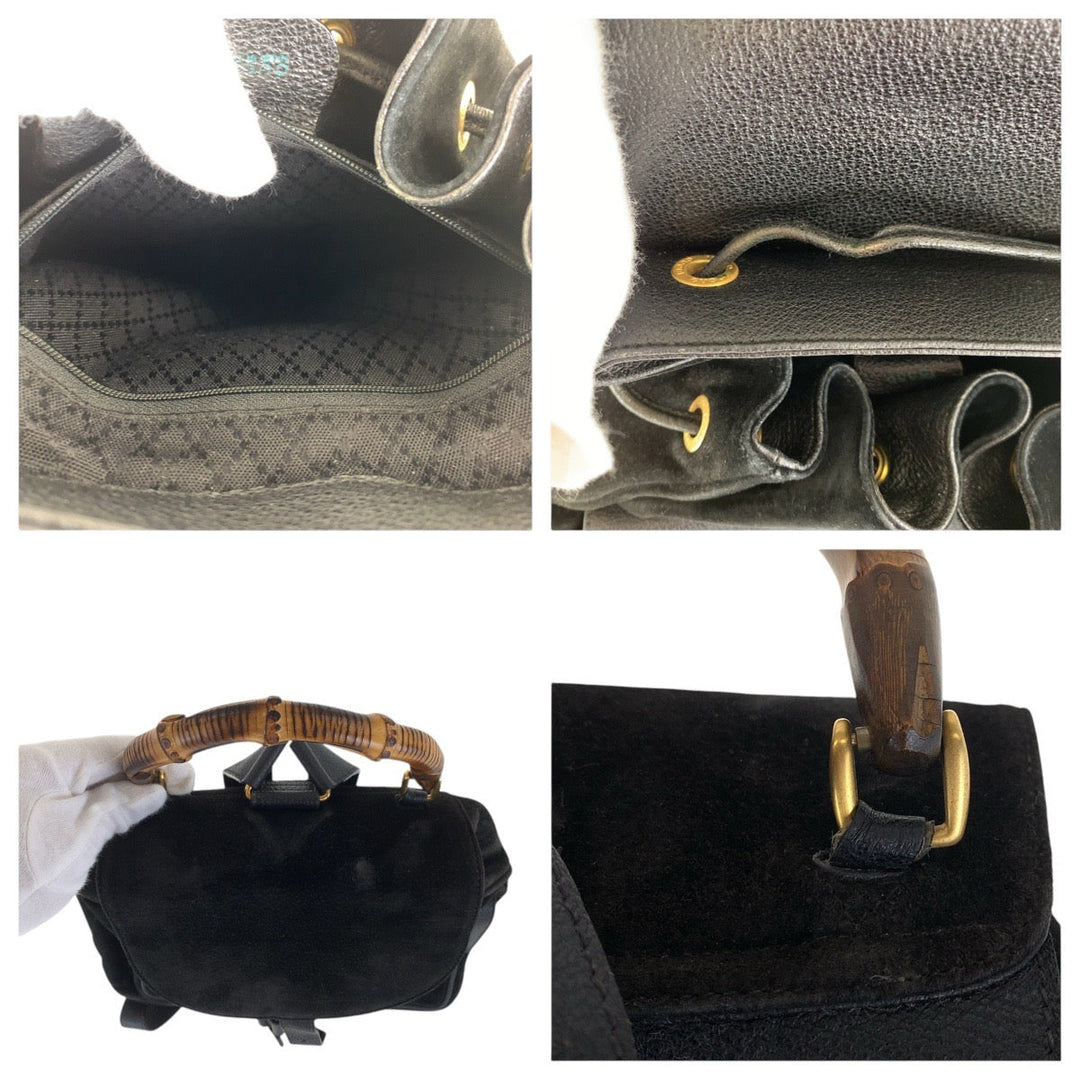 GUCCI Backpack 003 2058 0016 Suede, Leather Black Gold Metal Backpacks & Daypacks Backpacks Bamboo Women Used Authentic