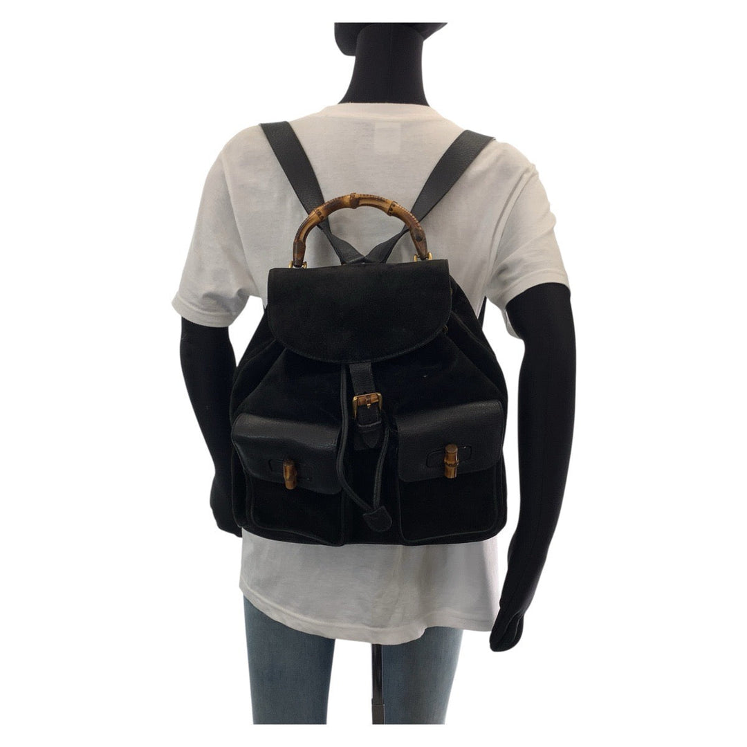 GUCCI Backpack 003 2058 0016 Suede, Leather Black Gold Metal Backpacks & Daypacks Backpacks Bamboo Women Used Authentic