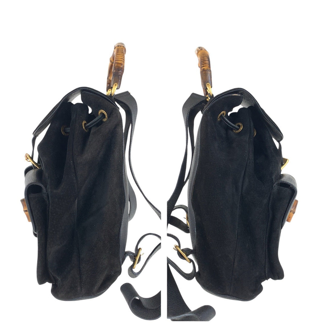 GUCCI Backpack 003 2058 0016 Suede, Leather Black Gold Metal Backpacks & Daypacks Backpacks Bamboo Women Used Authentic