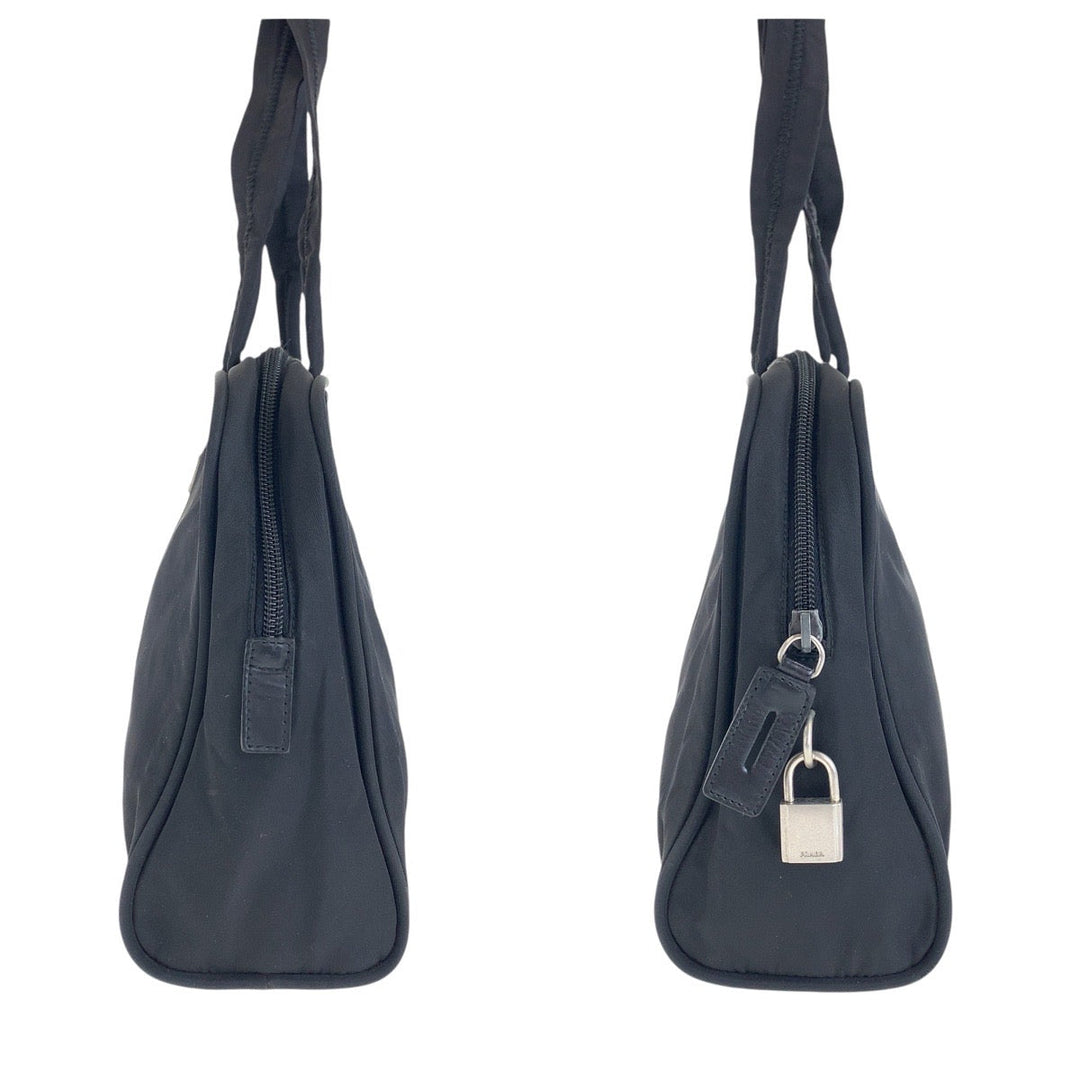 PRADA Tote Bag Nylon Black SilverMetal Tote Bag handbag Test Triangle With logo Women Used Authentic