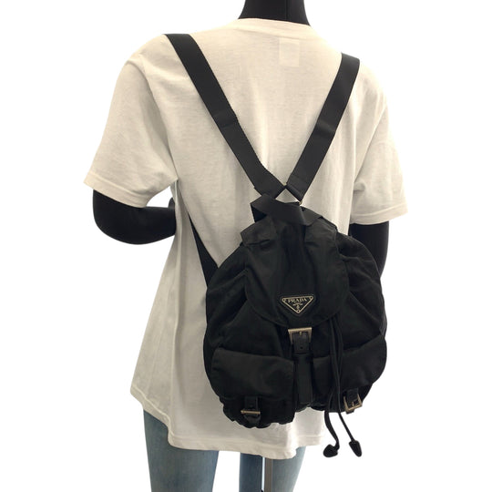 PRADA Backpack 1BZ677 Nylon Black SilverMetal Backpack Backpack Test Triangle With logo Women Used Authentic