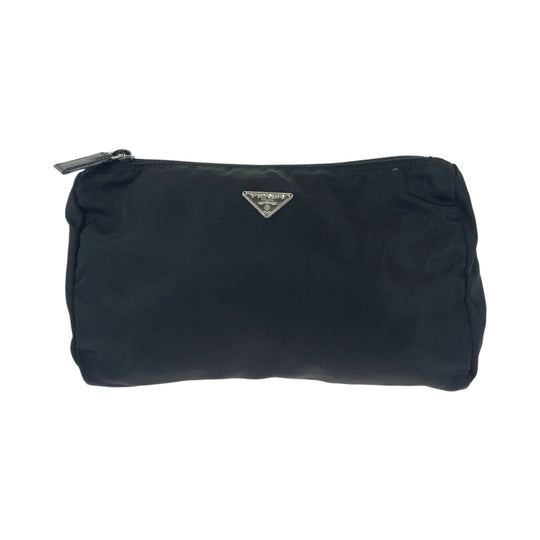 PRADA Pouch Nylon Black SilverMetal Pouch Cosmetics Pouch Test Triangle With logo Women Used Authentic