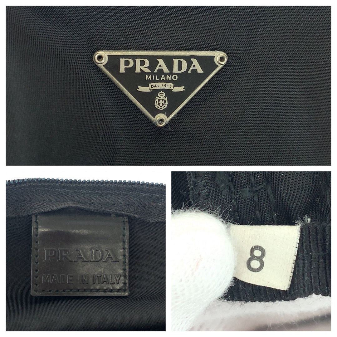 PRADA Pouch Nylon Black SilverMetal Pouch Cosmetics Pouch Test Triangle With logo Women Used Authentic