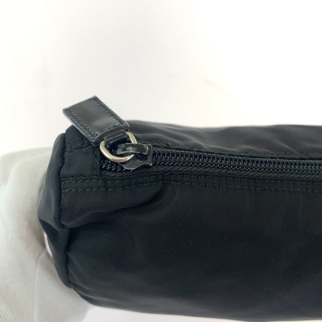 PRADA Pouch Nylon Black SilverMetal Pouch Cosmetics Pouch Test Triangle With logo Women Used Authentic