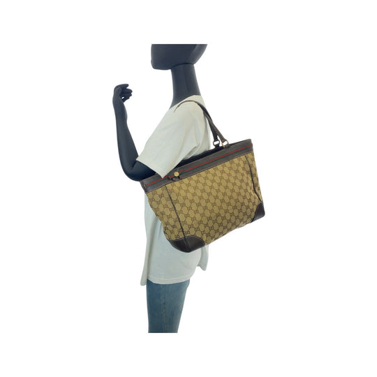 GUCCI Tote Bag 257061 GG canvas, leather Beige Brown Gold Metal Tote Bag Shoulder Bag Sherry line Women Used Authentic