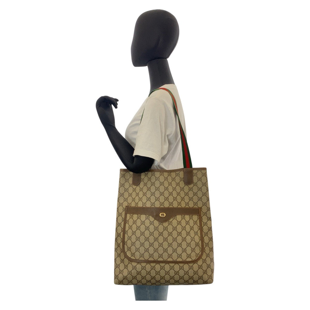 GUCCI Tote Bag 89 02 003 GG Supreme Canvas Brown Beige Gold Metal Tote Bag Shoulder Bag Sherry Line Old Gucci Women Used Authentic