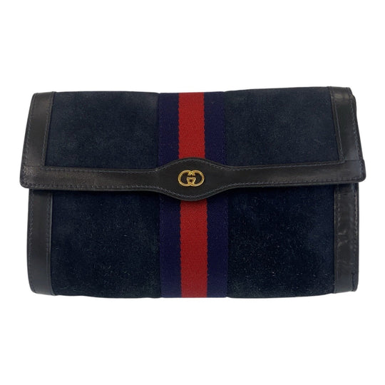 GUCCI Clutch bag Suede, Leather Navy Gold Metal Sherry line Women Used Authentic