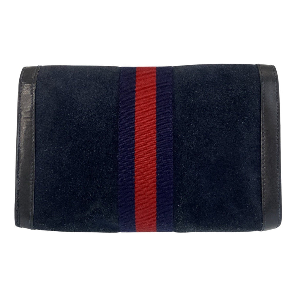 GUCCI Clutch bag Suede, Leather Navy Gold Metal Sherry line Women Used Authentic