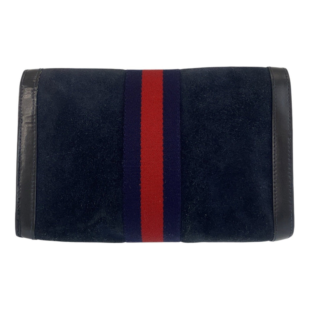 GUCCI Clutch bag Suede, Leather Navy Gold Metal Sherry line Women Used Authentic
