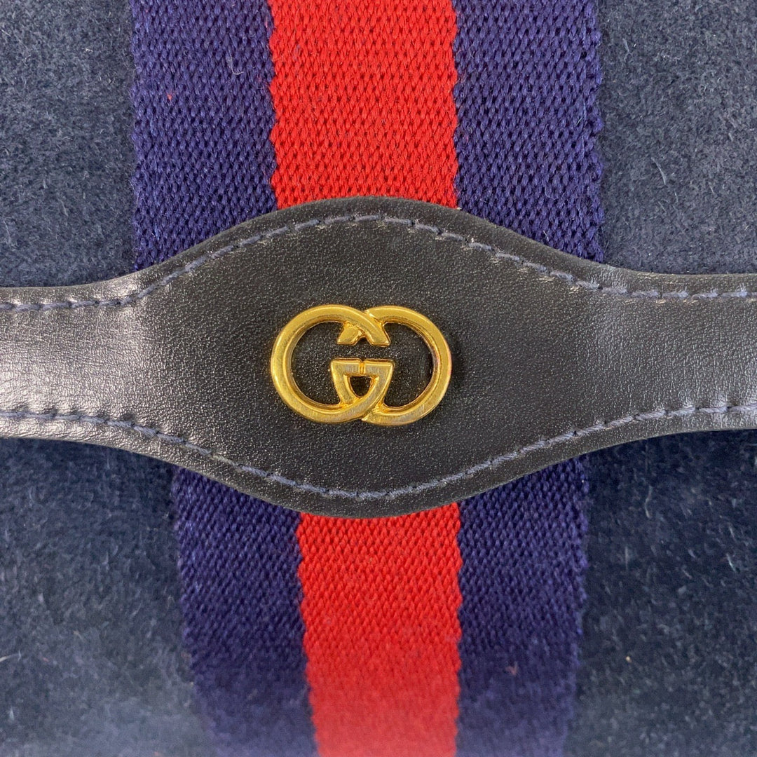 GUCCI Clutch bag Suede, Leather Navy Gold Metal Sherry line Women Used Authentic