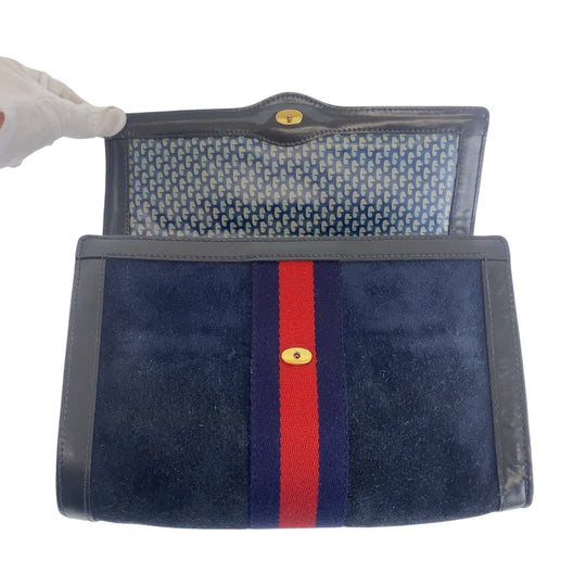 GUCCI Clutch bag Suede, Leather Navy Gold Metal Sherry line Women Used Authentic