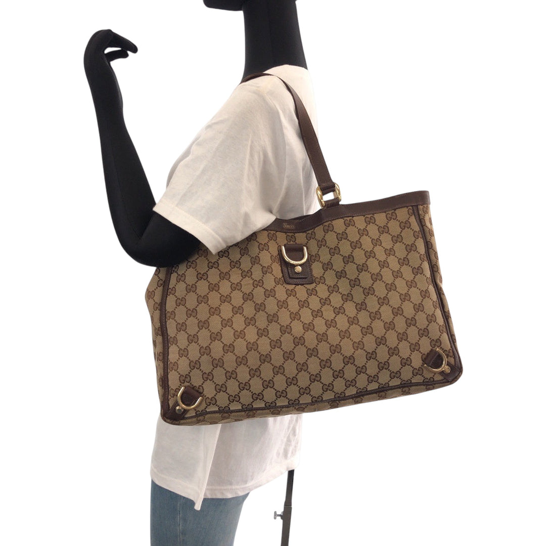 GUCCI Tote Bag 141472 GG canvas Brown Gold Metal Tote Bag Shoulder Bag Abbey Women Used Authentic