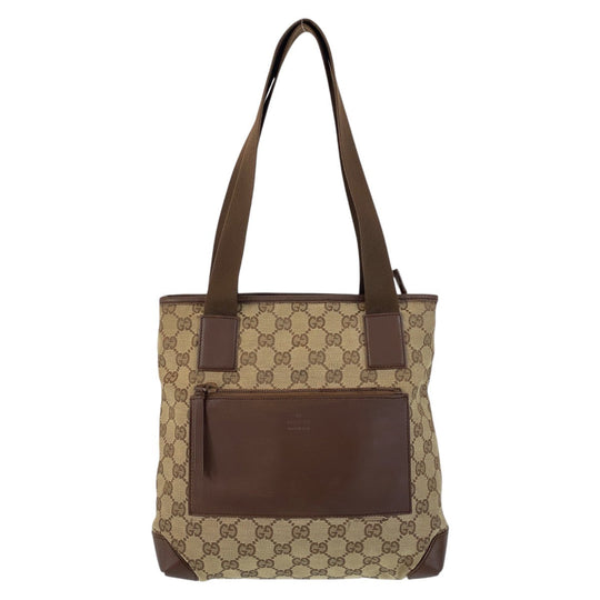 GUCCI Tote Bag 019 0402 GG canvas, leather Brown beige Tote Bag Shoulder Bag Women Used Authentic
