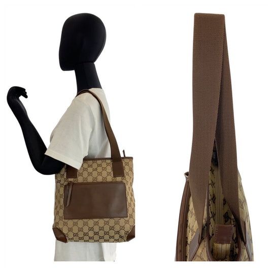 GUCCI Tote Bag 019 0402 GG canvas, leather Brown beige Tote Bag Shoulder Bag Women Used Authentic
