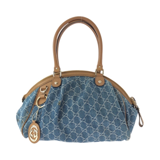 GUCCI Handbag denim Blue Brown Gold Metal Handbag Tote Bag Shoulder Bag Sukey Women Used Authentic