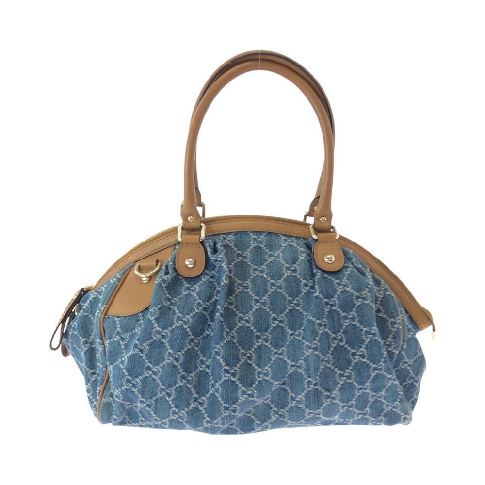 GUCCI Handbag denim Blue Brown Gold Metal Handbag Tote Bag Shoulder Bag Sukey Women Used Authentic
