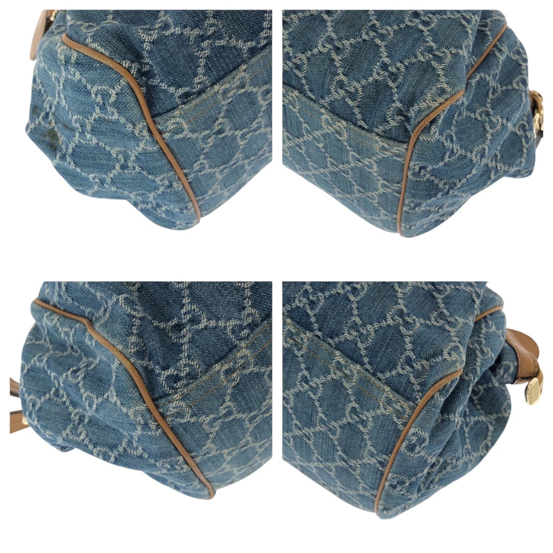 GUCCI Handbag denim Blue Brown Gold Metal Handbag Tote Bag Shoulder Bag Sukey Women Used Authentic