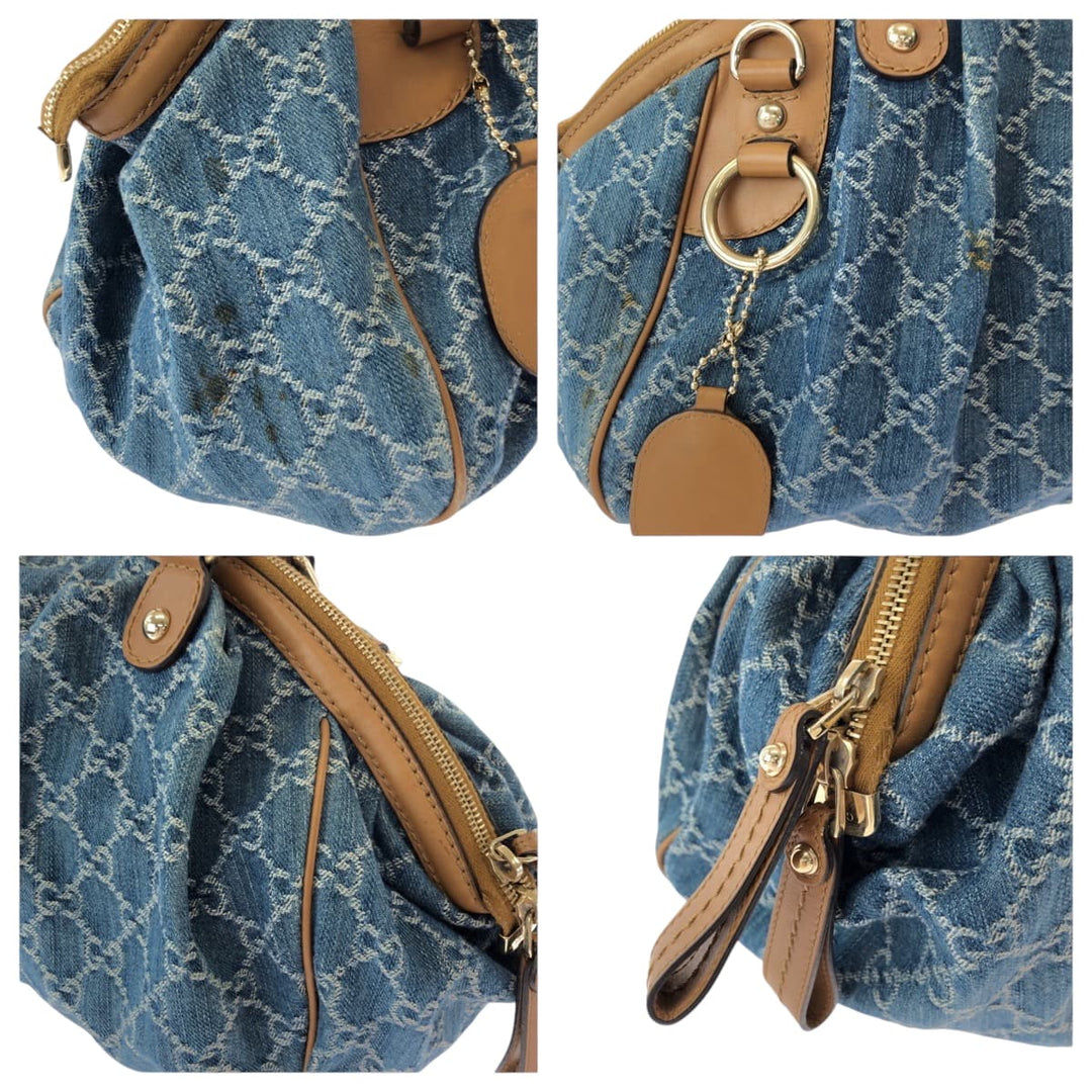 GUCCI Handbag denim Blue Brown Gold Metal Handbag Tote Bag Shoulder Bag Sukey Women Used Authentic