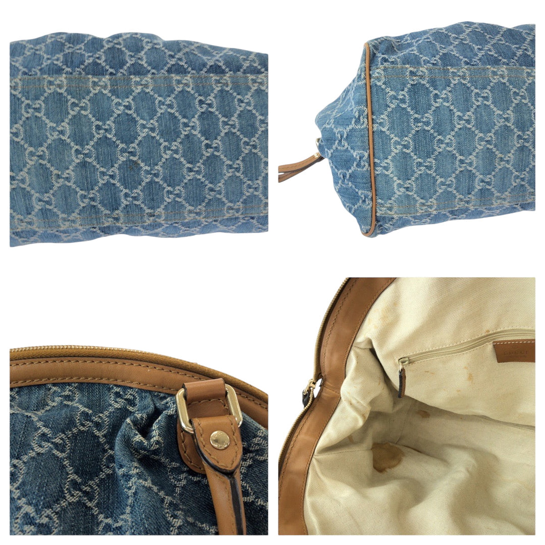 GUCCI Handbag denim Blue Brown Gold Metal Handbag Tote Bag Shoulder Bag Sukey Women Used Authentic